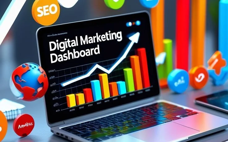 A laptop showing a marketing dashboard of bar charts and a rising trend line, surrounded by floating channel icons.
