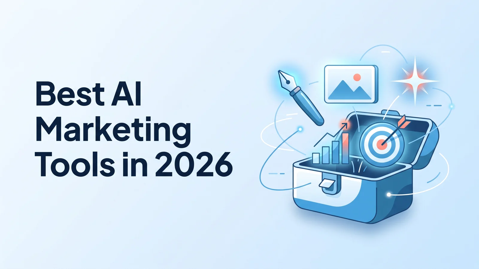 Banner reading 'Best AI Marketing Tools in 2026' beside an open toolbox with a pen, an image frame, a chart and a target.