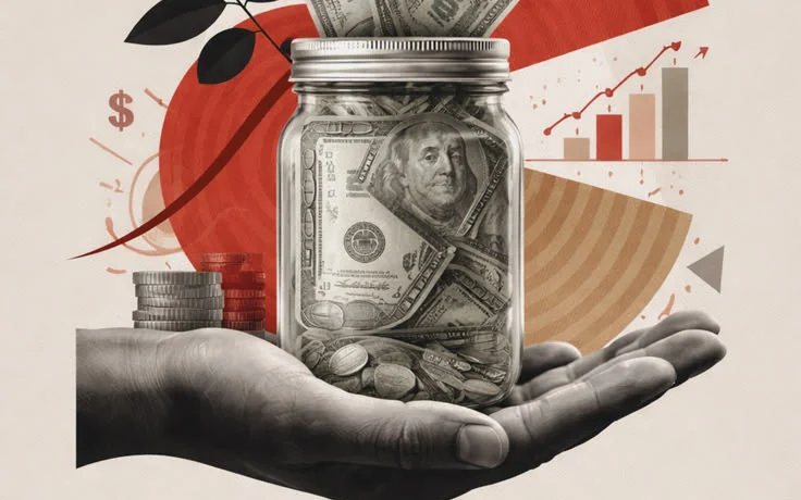 An open hand holding a jar of banknotes and coins, against a collage of charts and a rising arrow.