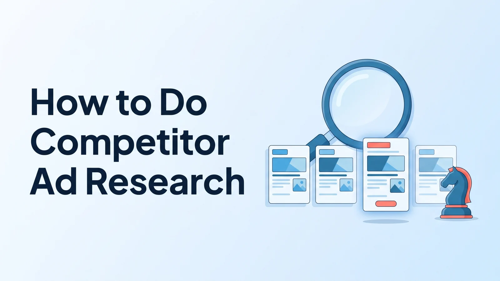 Banner reading 'How to Do Competitor Ad Research' beside a magnifying glass over a row of ad cards and a chess knight.