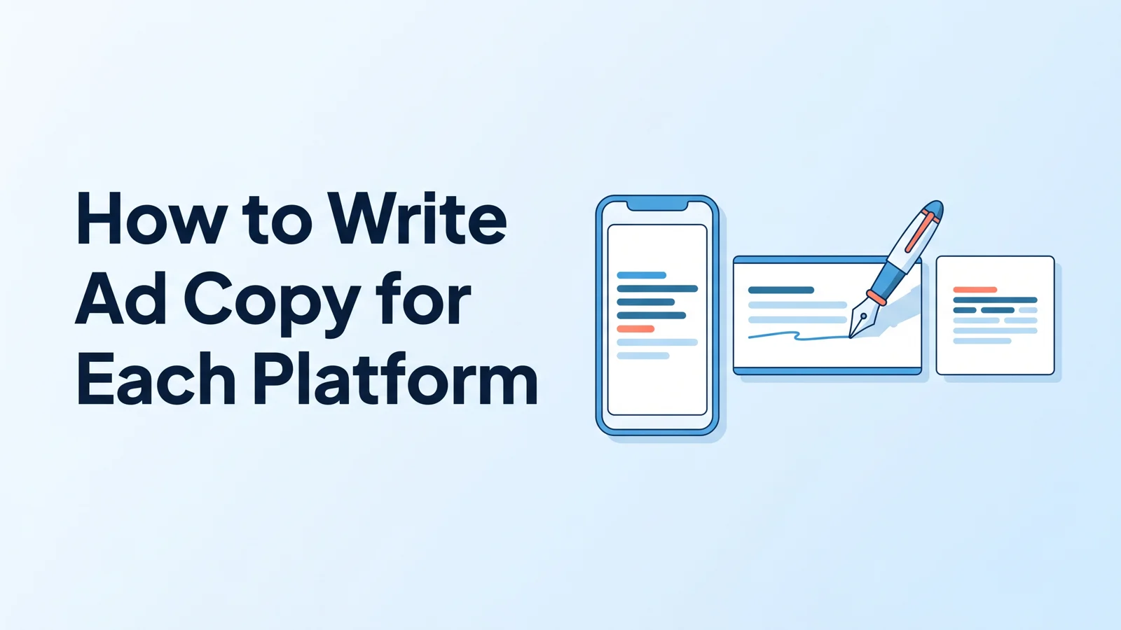 Banner reading 'How to Write Ad Copy for Each Platform' beside a phone, a wide banner and a square card with a pen.