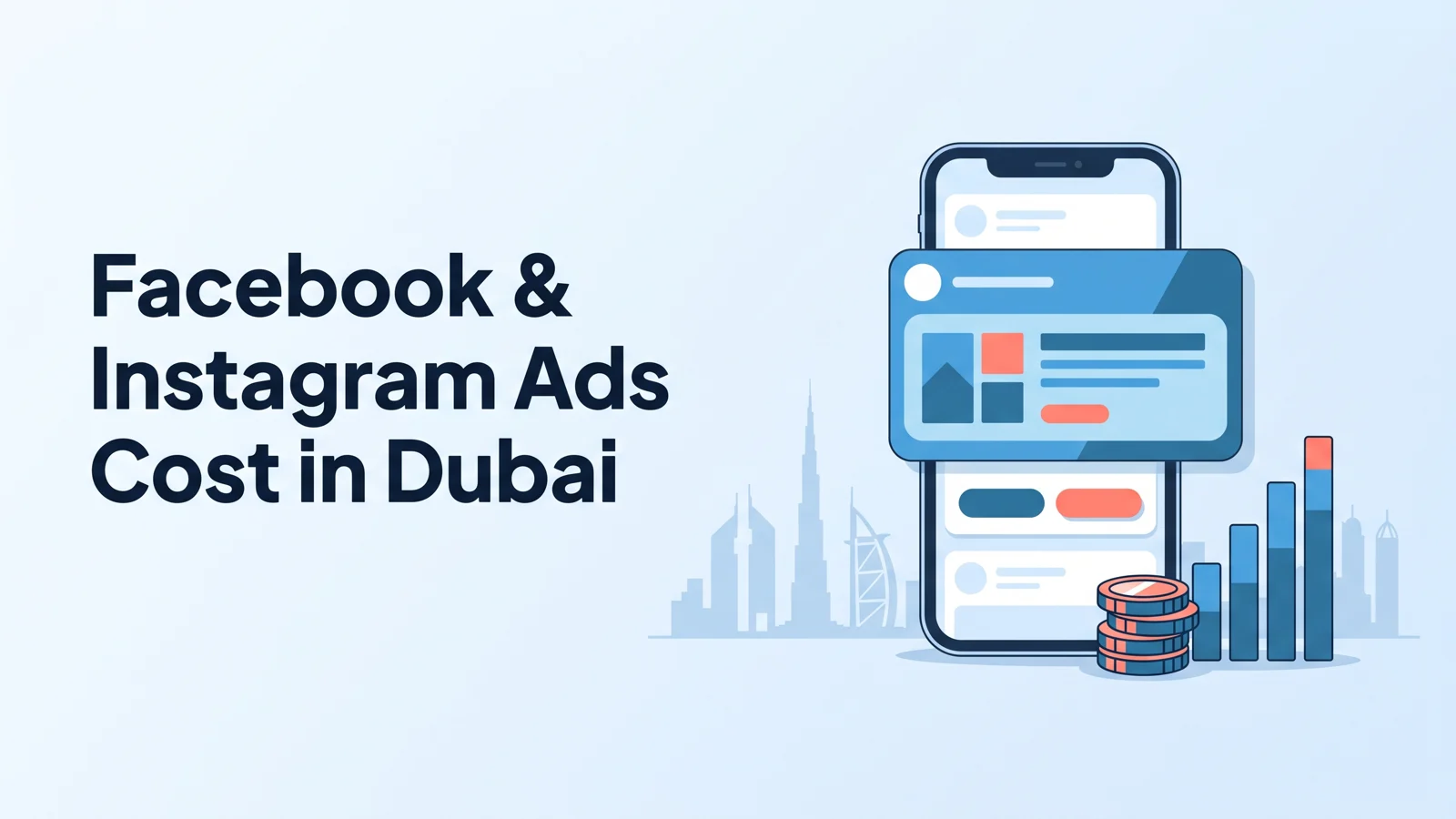 Banner reading 'Facebook & Instagram Ads Cost in Dubai' beside a phone showing a feed ad, a stack of coins, a rising bar chart and the Dubai skyline.