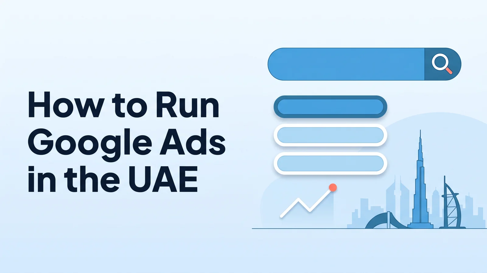 Banner reading 'How to Run Google Ads in the UAE' beside a search bar, a magnifying glass, a rising chart and the Dubai skyline.