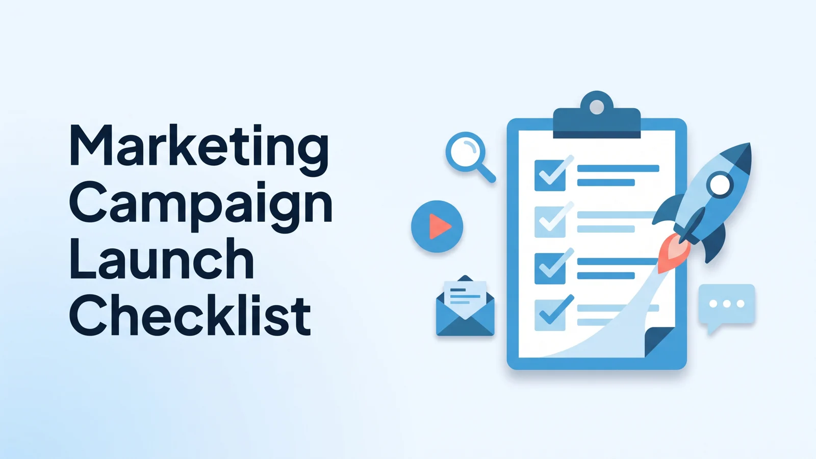 Banner reading 'Marketing Campaign Launch Checklist' beside a clipboard of ticked boxes and a rocket lifting off.