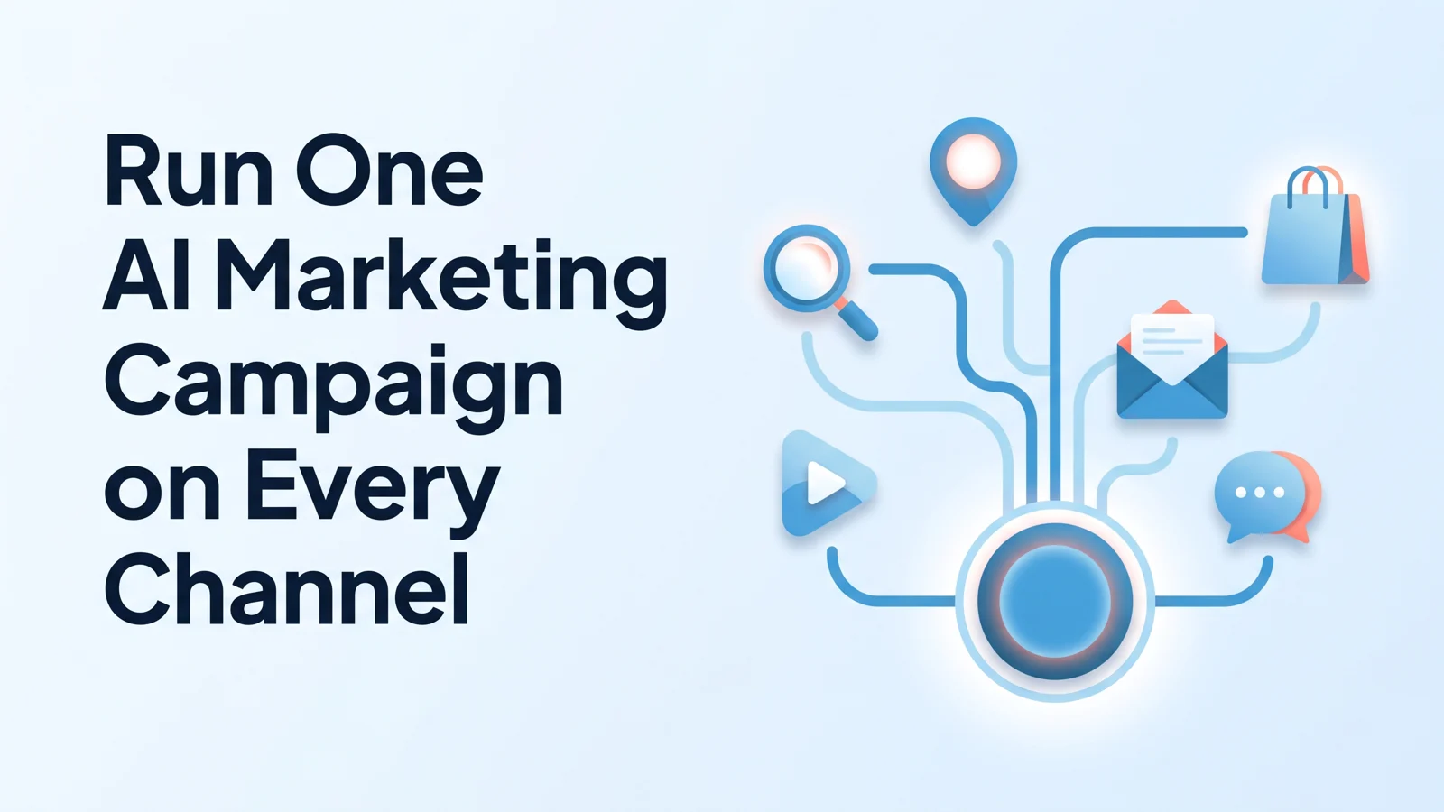 Banner reading 'Run One AI Marketing Campaign on Every Channel' beside a hub node branching out to channel icons.
