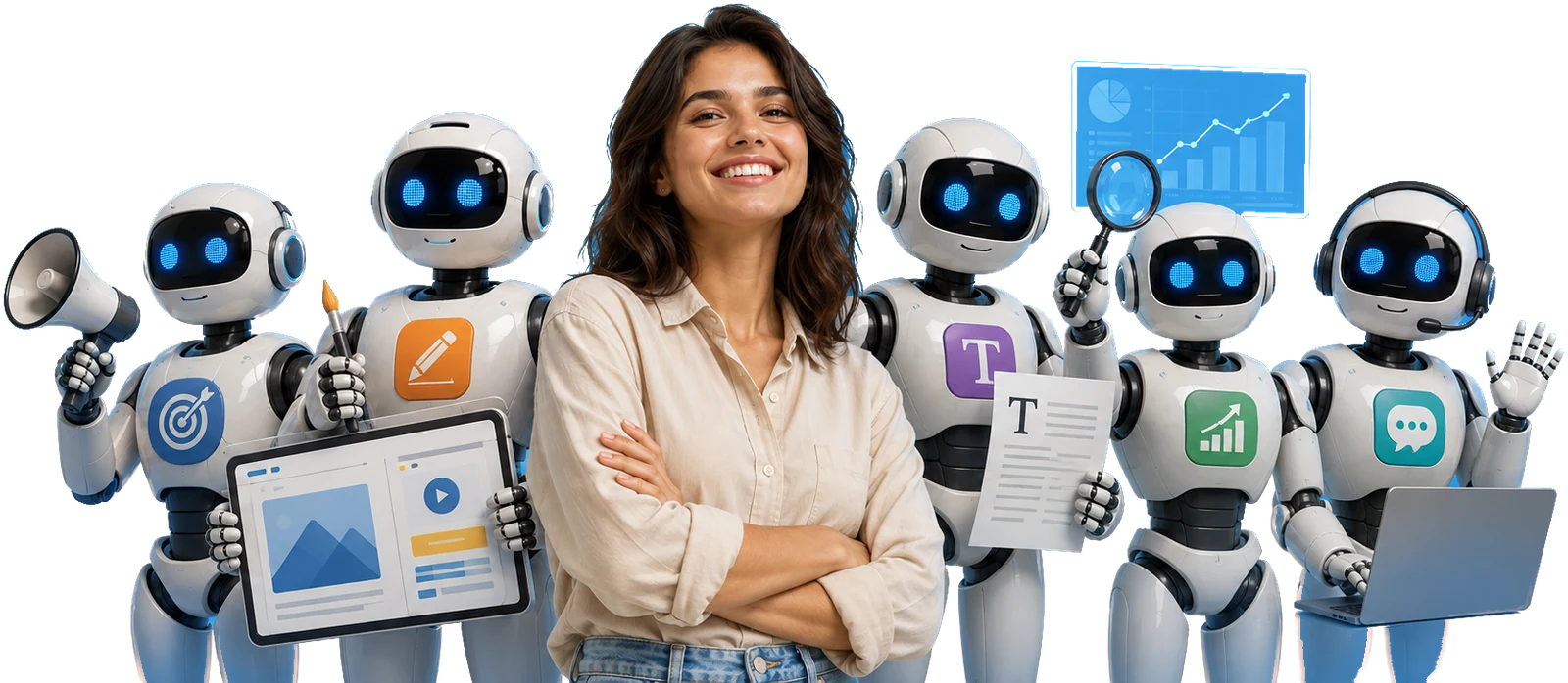 A markXpand team member surrounded by robots carrying the marketing tools — a megaphone, a design board, a written ad, a performance chart and a support chat
