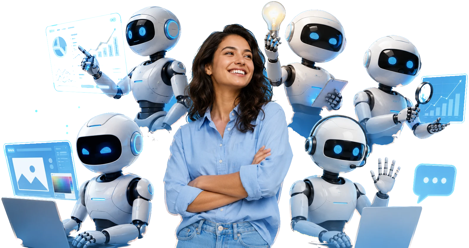 A markXpand team member among robots working on performance dashboards, image generation and support
