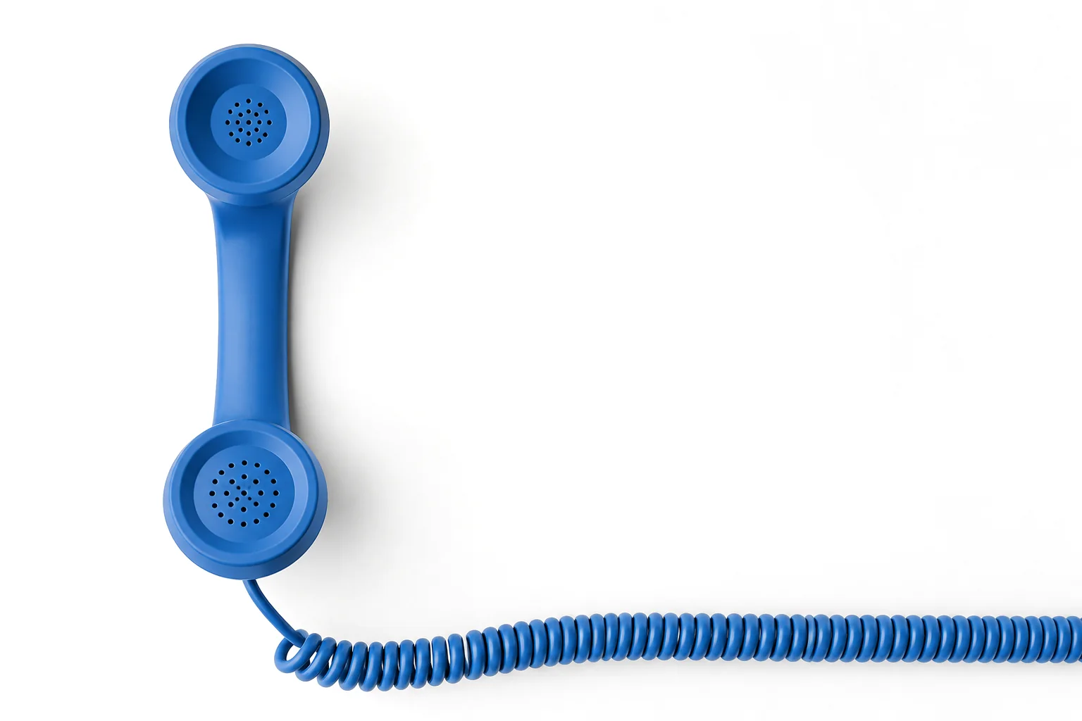 A blue retro telephone handset with a coiled cord
