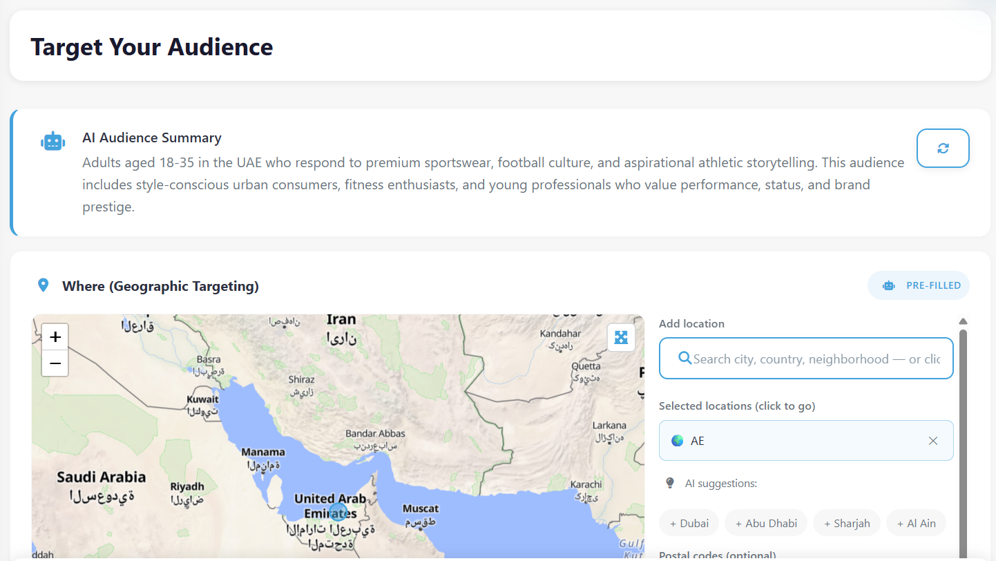 The Target Your Audience screen: an AI-written audience summary beside a geographic map, with the selected locations listed as chips.
