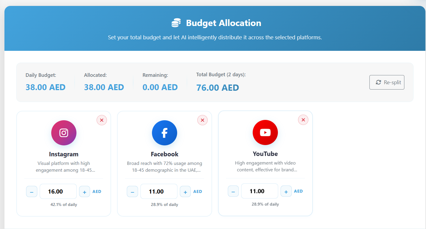 markXpand budget allocation screen: daily, allocated, remaining and total budget, with a per-platform split across Instagram, Facebook and YouTube