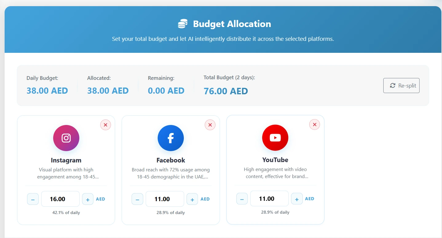markXpand budget allocation screen: daily, allocated, remaining and total budget, with a per-platform split across Instagram, Facebook and YouTube