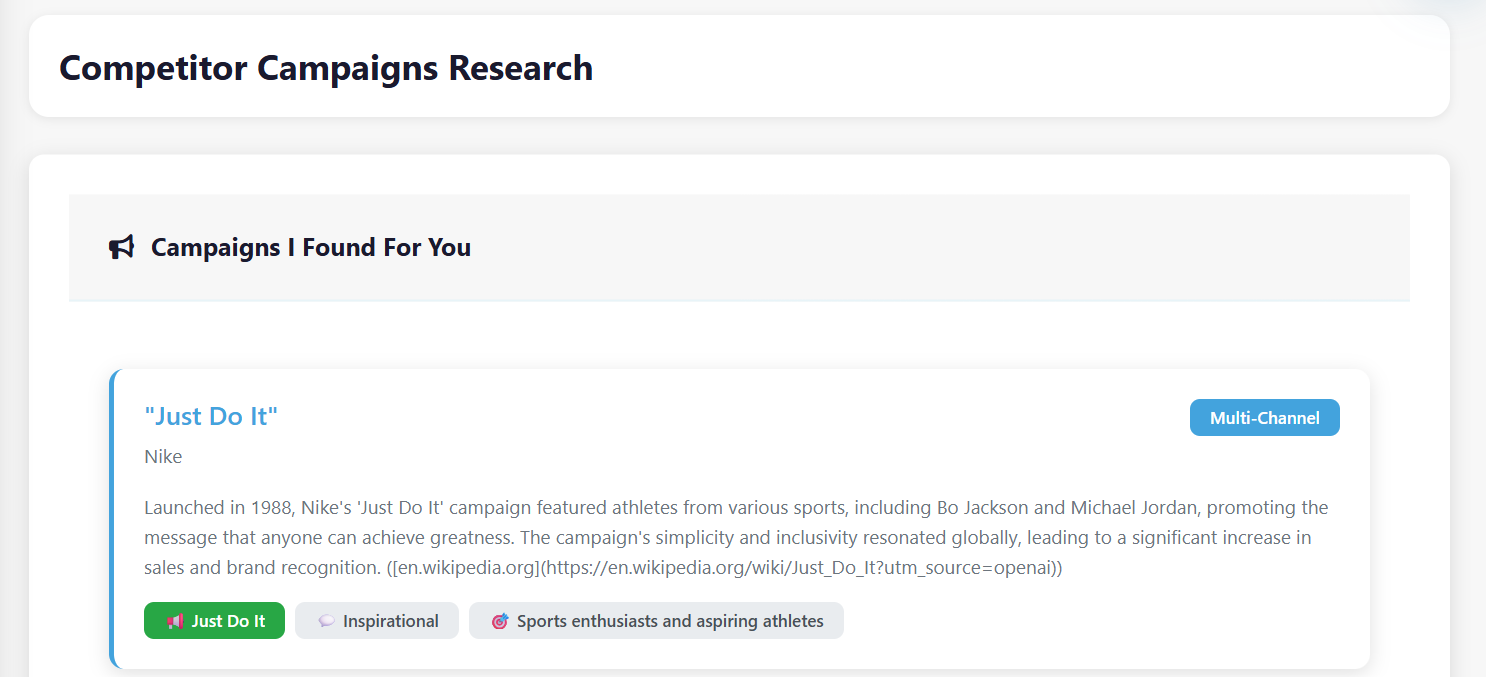 The competitor research screen: a ranked list of competitors with their positioning, pricing and ad angles summarised.