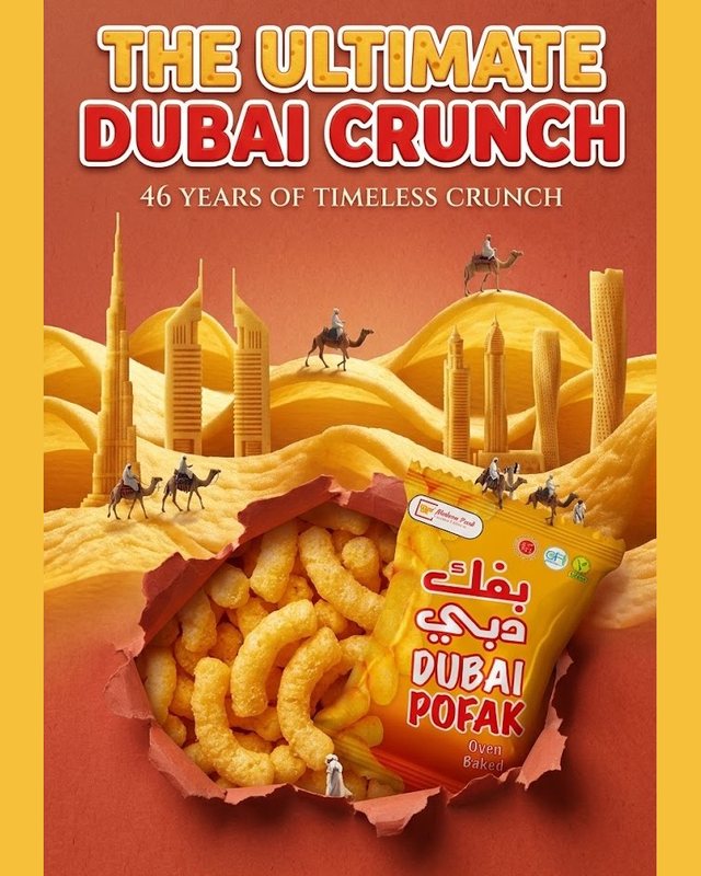 Generated 4:5 feed creative: The Ultimate Dubai Crunch, with a Dubai Pofak pack bursting through torn paper over a skyline sculpted from crisps.