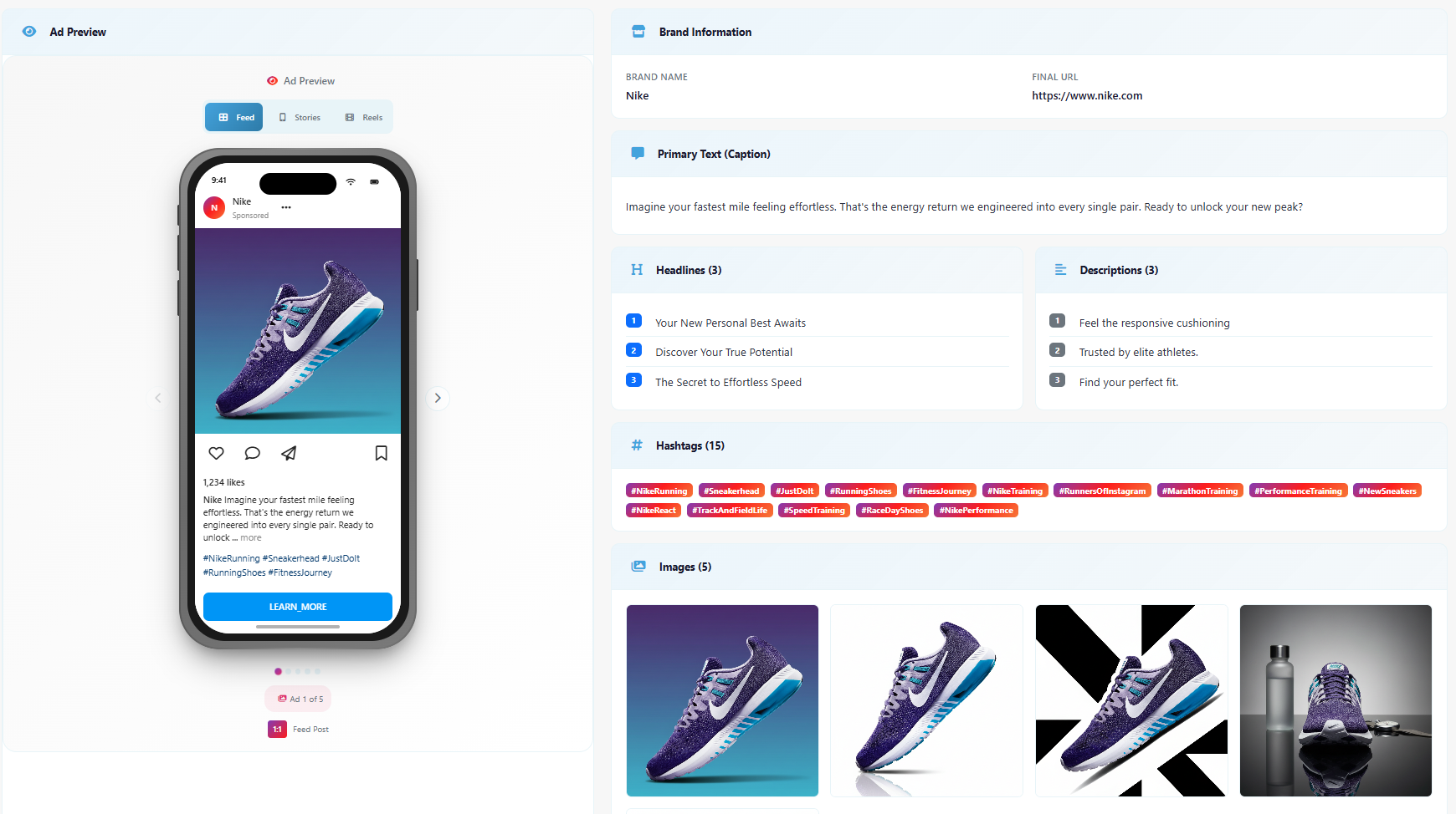 The ad content screen: generated headlines and descriptions beside a live Instagram feed preview of the finished ad.