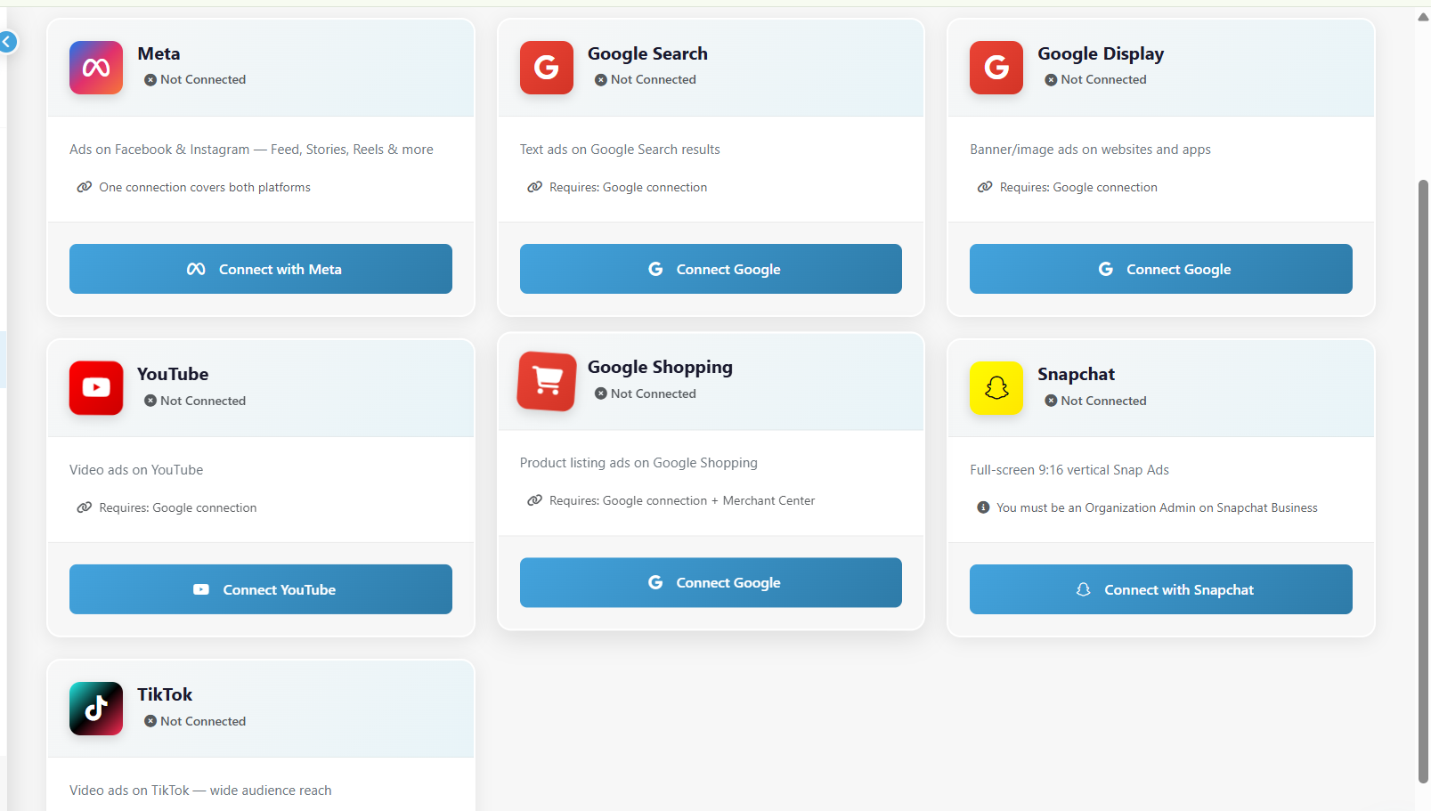 The platform connections screen: Meta, Google Search, Google Display, YouTube, Google Shopping, Snapchat and TikTok cards each with their own connect button.
