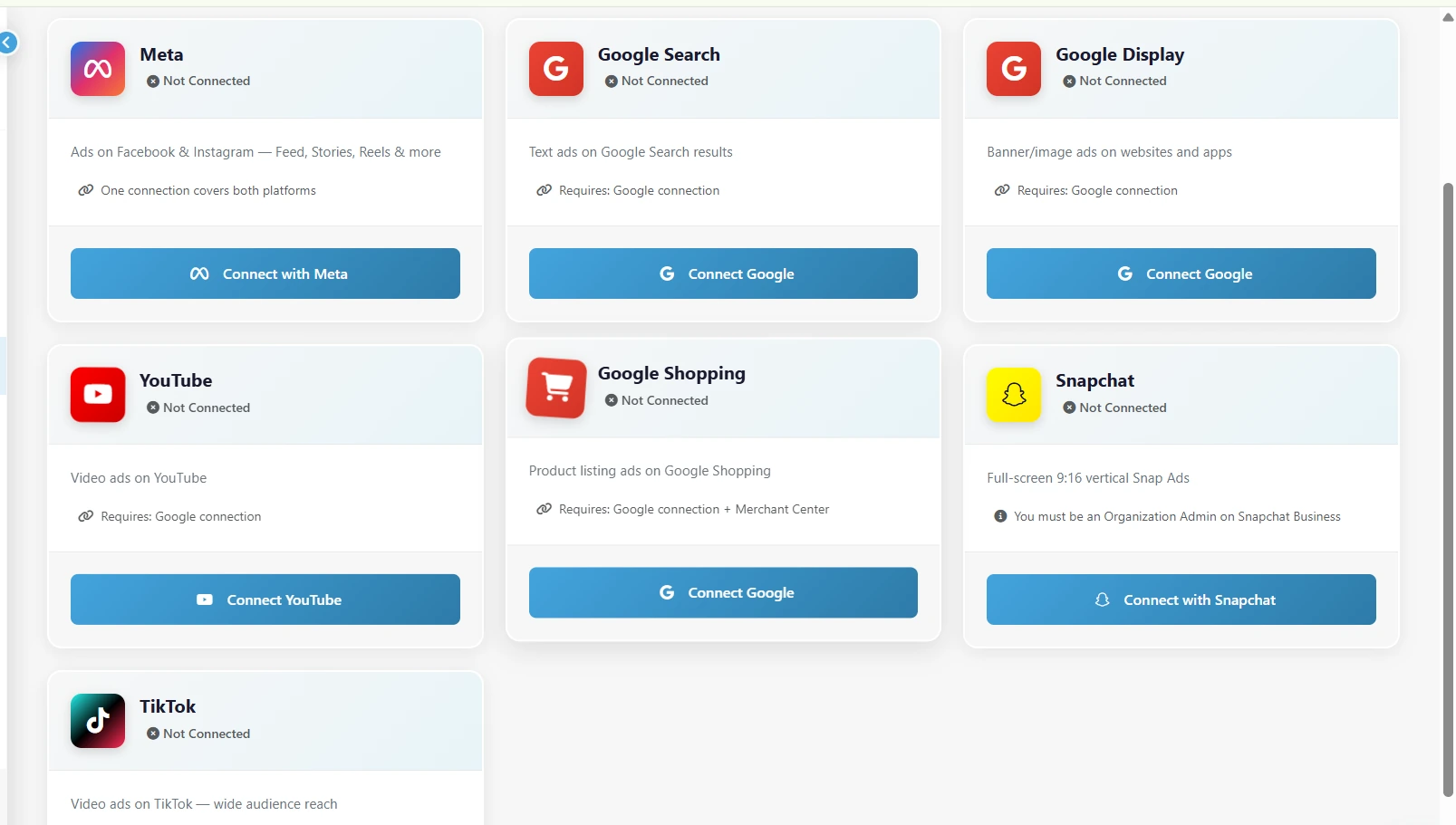 The platform connections screen: Meta, Google Search, Google Display, YouTube, Google Shopping, Snapchat and TikTok cards, each with its own connect button.