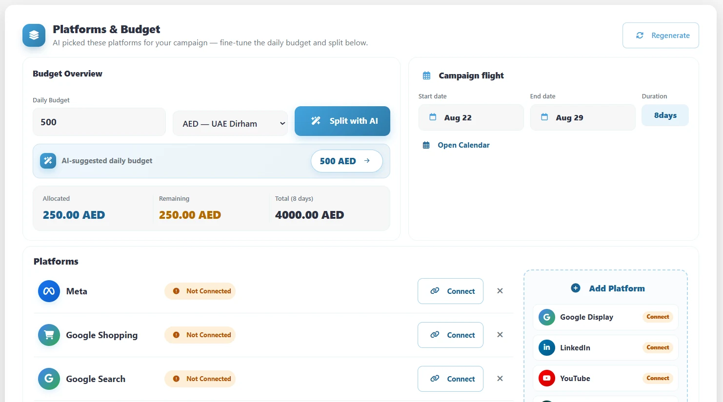 The Platforms & Budget screen: a daily budget in AED split with AI across Meta, Google Shopping and Google Search.